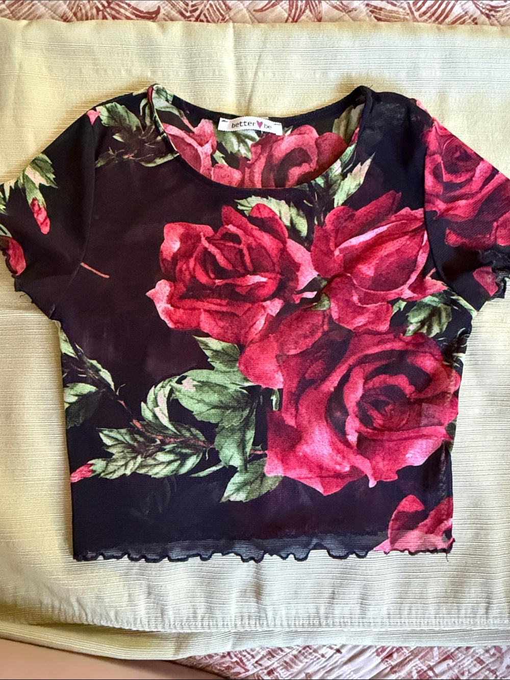 Better Be Black Sheer Crop Top with Bold Red Pink Rose Print